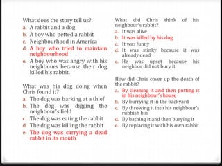 What does the story tell us?
a. A rabbit and a dog
b. A boy who petted a rabbit
c. Neighbourhood in America
d. A boy who tried to maintain
neighbourhood
e. A boy who was angry with his
neighbours because their dog
killed his rabbit.
What was his dog doing when
Chris found it?
a. The dog was barking at a thief
b. The dog was digging the
neighbour’s field
c. The dog was eating the rabbit
d. The dog was killing the rabbit
e. The dog was carrying a dead
rabbit in its mouth

What did Chris think of his
neighbour’s rabbit?
a. It was alive
b. It was killed by his dog
c. It was funny
d. It was stinky because it was
already dead
e. He was upset because his
neighbor did not bury it
How did Chris cover up the death of
the rabbit?
a. By cleaning it and then putting it
in his neighbour’s house
b. By burrying it in the backyard
c. By throwing it into his neighbour’s
rubbish bin
d. By bathing it and then burying it
e. By replacing it with his own rabbit

 