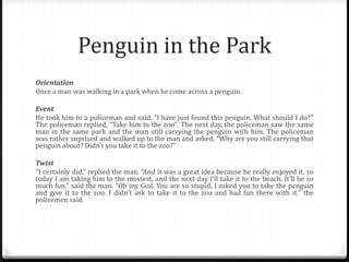 Penguin in the Park
Orientation
Once a man was walking in a park when he come across a penguin.
Event
He took him to a policeman and said, "I have just found this penguin. What should I do?"
The policeman replied, “Take him to the zoo". The next day, the policeman saw the same
man in the same park and the man still carrying the penguin with him. The policeman
was rather suprised and walked up to the man and asked, “Why are you still carrying that
penguin about? Didn't you take it to the zoo?"
Twist
"I certainly did," replied the man. "And it was a great idea because he really enjoyed it, so
today I am taking him to the moviest, and the next day I'll take it to the beach. It'll be so
much fun," said the man. "Oh my God. You are so stupid. I asked you to take the penguin
and give it to the zoo. I didn't ask to take it to the zoo and had fun there with it." the
policemen said.

 