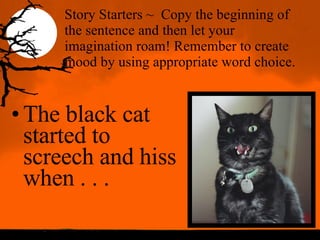 Story Starters ~ Copy the beginning of the sentence and then let your imagination roam! Remember to create mood by using appropriate word choice. The black cat started to screech and hiss when . . .