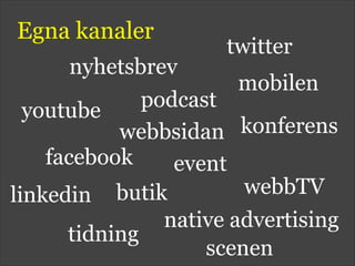 Egna kanaler
webbsidan
nyhetsbrev
youtube
facebook
mobilen
linkedin
podcast
tidning
native advertising
webbTV
twitter
butik
scenen
konferens
event
 