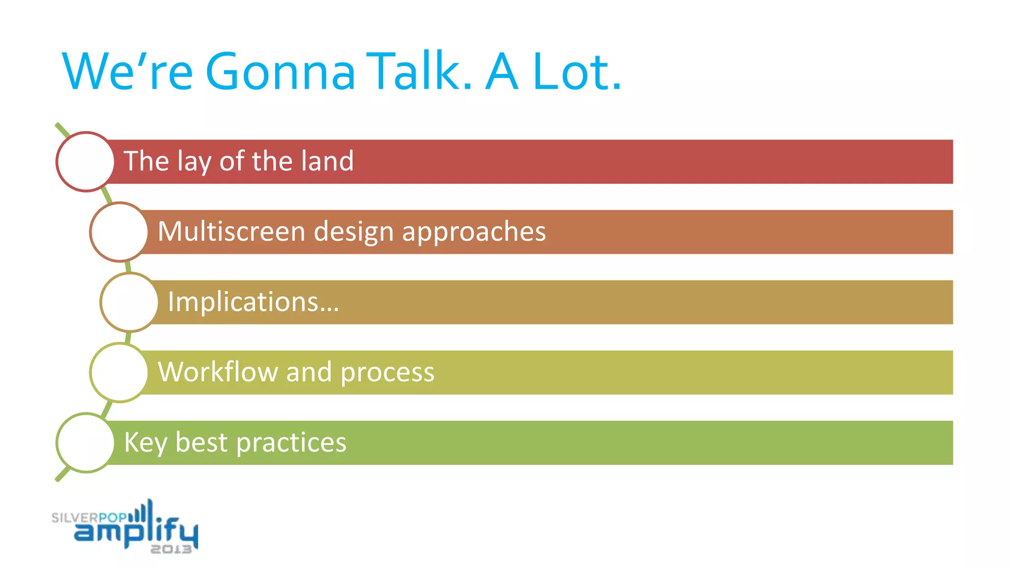 We’re GonnaTalk. A Lot.
The lay of the land
Multiscreen design approaches
Implications…
Workflow and process
Key best practices
 