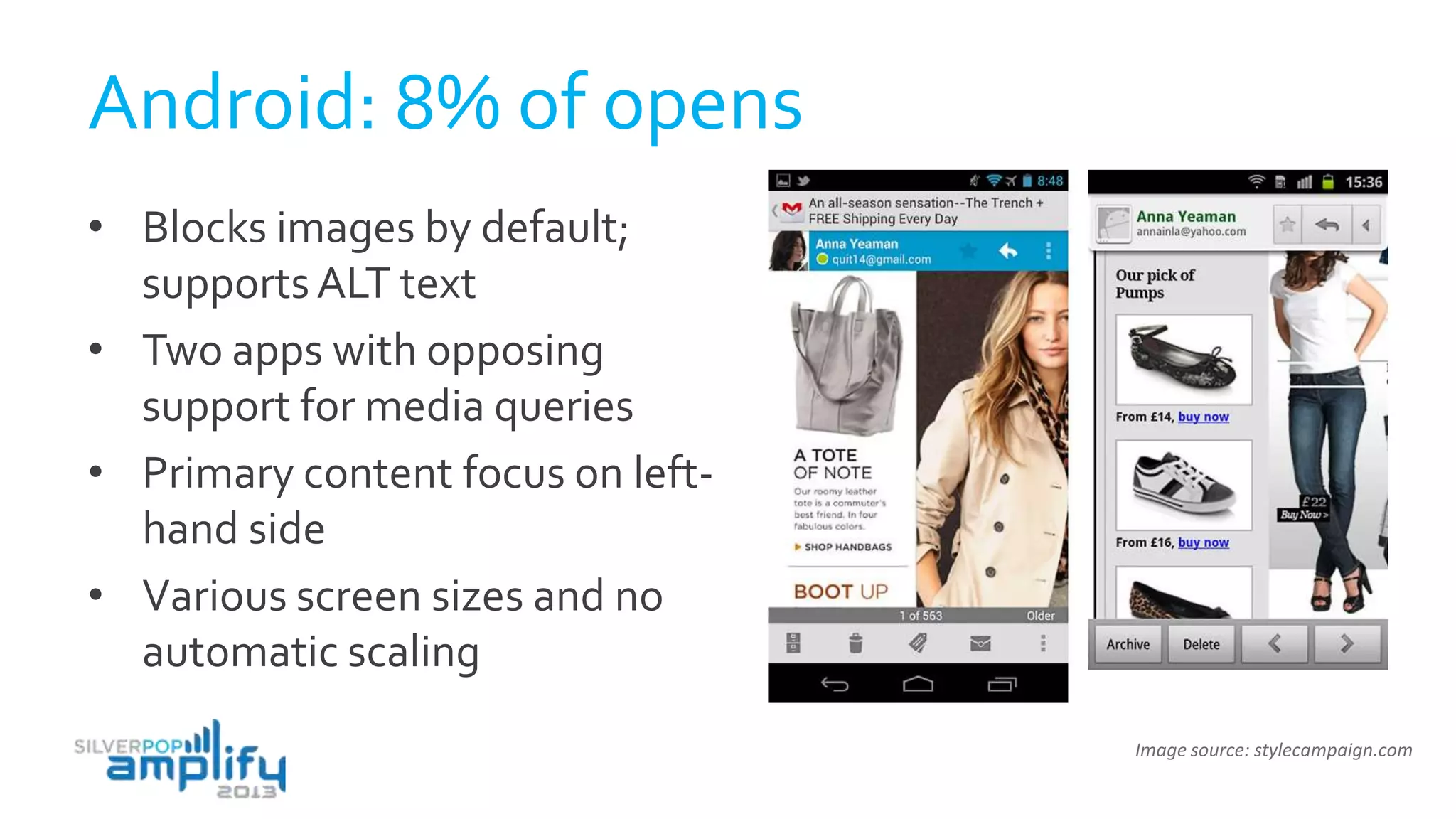 Android: 8% of opens
• Blocks images by default;
supportsALT text
• Two apps with opposing
support for media queries
• Primary content focus on left-
hand side
• Various screen sizes and no
automatic scaling
Image source: stylecampaign.com
 