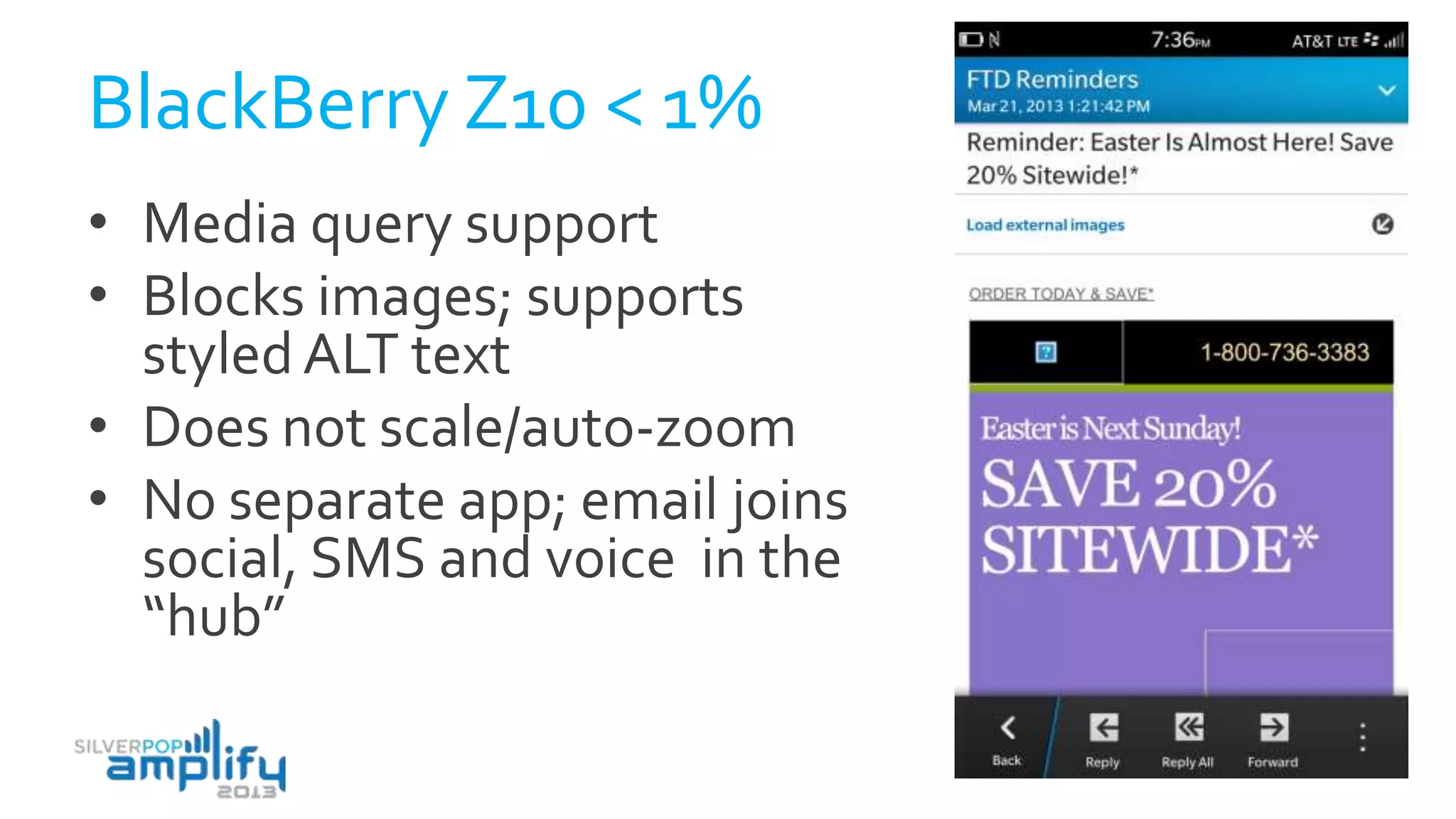 BlackBerry Z10 < 1%
• Media query support
• Blocks images; supports
styledALT text
• Does not scale/auto-zoom
• No separate app; email joins
social, SMS and voice in the
“hub”
 