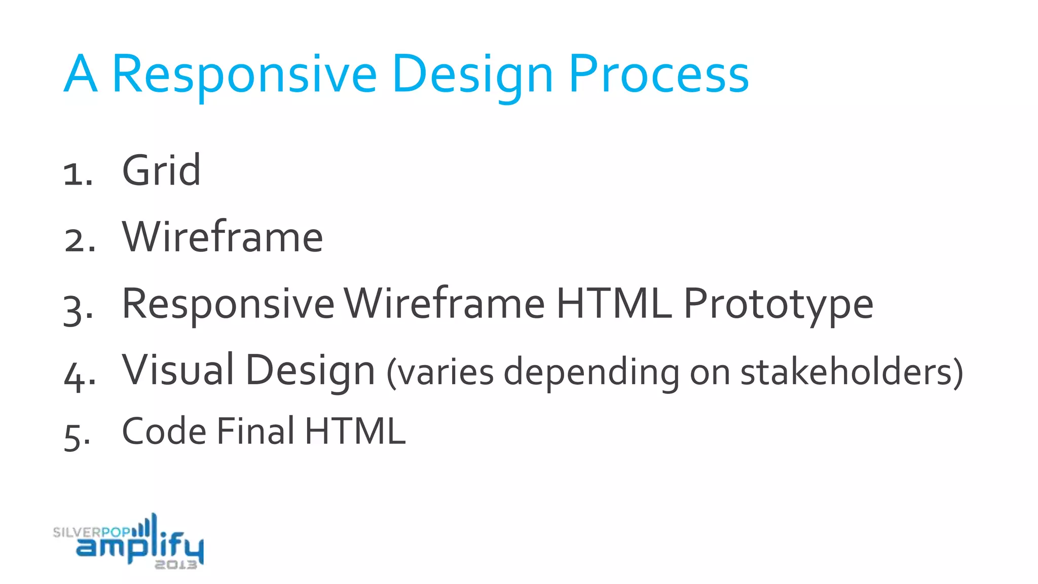 A Responsive Design Process
1. Grid
2. Wireframe
3. ResponsiveWireframe HTML Prototype
4. Visual Design (varies depending on stakeholders)
5. Code Final HTML
 