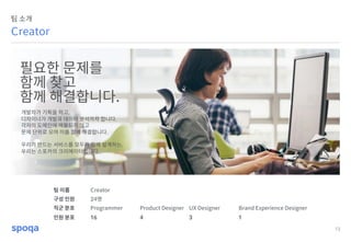 13
Creator
팀 소개
팀 이름 Creator
구성 인원 24명
직군 분포 Programmer Product Designer UX Designer Brand Experience Designer
인원 분포 16 4 3 1
필요한 문제를
함께 찾고
함께 해결합니다.
개발자가 기획을 하고,
디자이너가 개발과 데이터 분석까지 합니다.
각자의 도메인에 매몰되지 않고
문제 단위로 모여 이를 함께 해결합니다.
우리가 만드는 서비스를 모두가 함께 설계하는,
우리는 스포카의 크리에이터입니다.
 