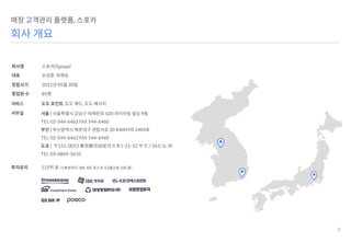 53
매장 고객관리 플랫폼, 스포카
회사 개요
회사명 스포카(Spoqa)
대표 손성훈, 최재승
창립시기 2011년 05월 20일
종업원 수 85명
서비스 도도 포인트, 도도 애드, 도도 메시지
사무실
투자유치 115억 원 (스톤브릿지, IBK, KB, 포스코, GS홈쇼핑, SBI 등)
서울 | 서울특별시 강남구 테헤란로 420 하이리빙 빌딩 9층
TEL 02-544-6463 FAX 544-6460
부산 | 부산광역시 해운대구 센텀서로 30 KNN타워 2404호
TEL 02-544-6463 FAX 544-6460
도쿄 | 〒151-0053 東京都渋⾕区代々⽊1-21-12 ヤマノ26ビル 3F
TEL 03-6869-3610
 
