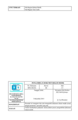 UNIT TERKAIT Sub Bagian Rekam Medik
Sub Bagian Tata Usaha
RSU DADI KELUARGA
PURWOKERTO
JL. SULTAN AGUNG
No. 8A
PENGAMBILAN DOKUMEN REKAM MEDIK
No. Dokumen
SPO.CM.016
Revisi
00
Hal
1/1
Tanggal Terbit
3 Desember 2013
Ditetapkan Oleh Direktur
RSU Dadi Keluarga :
dr. Esa DhiandaniSTANDAR PROSEDUR
OPERASIONAL
PENGERTIAN
Prosedur ini mengatur tata cara mengambil dokumen rekam medik sesuai
dengan peraturan / prosedur yang ada..
TUJUAN
Untuk memberikan pedoman/ aturan dalam proses pengambilan dokumen
rekam medik.
RUMAH SAKIT
D K
DADI KELUARGA
 