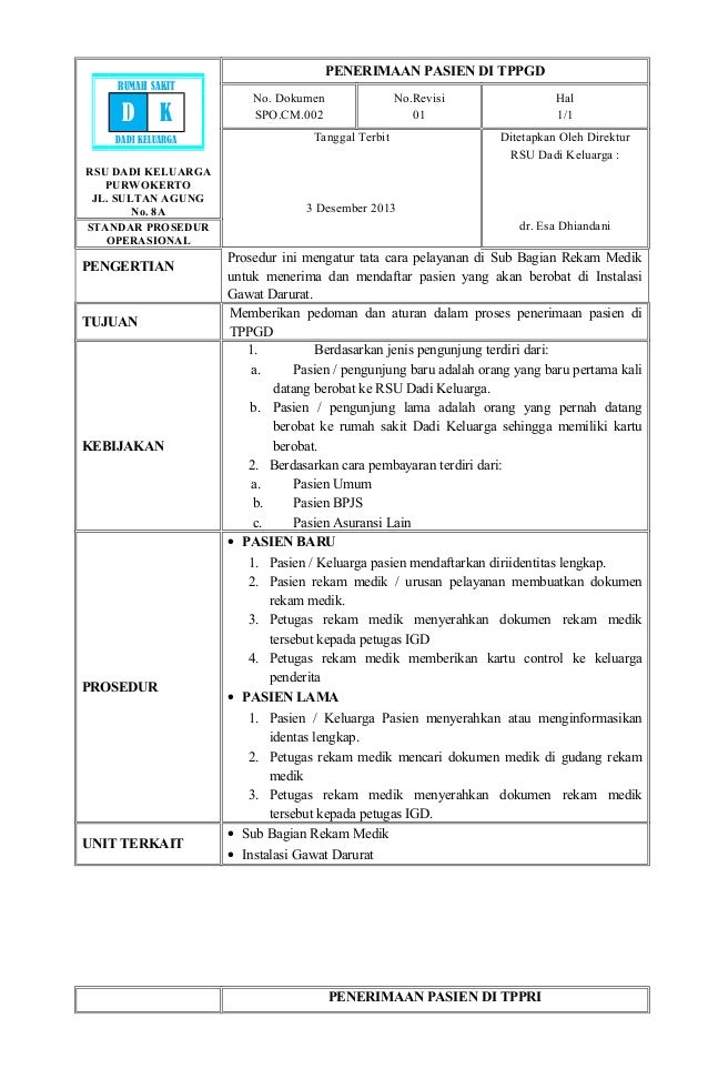 Standar Operasional Prosedur  Unit Kerja Rekam  Medis Info 