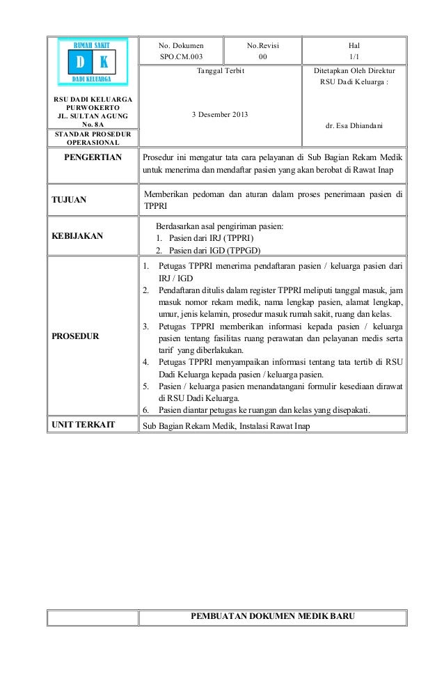  Contoh Sop Rekam Medis  Di Rumah Sakit Berbagai Rumah