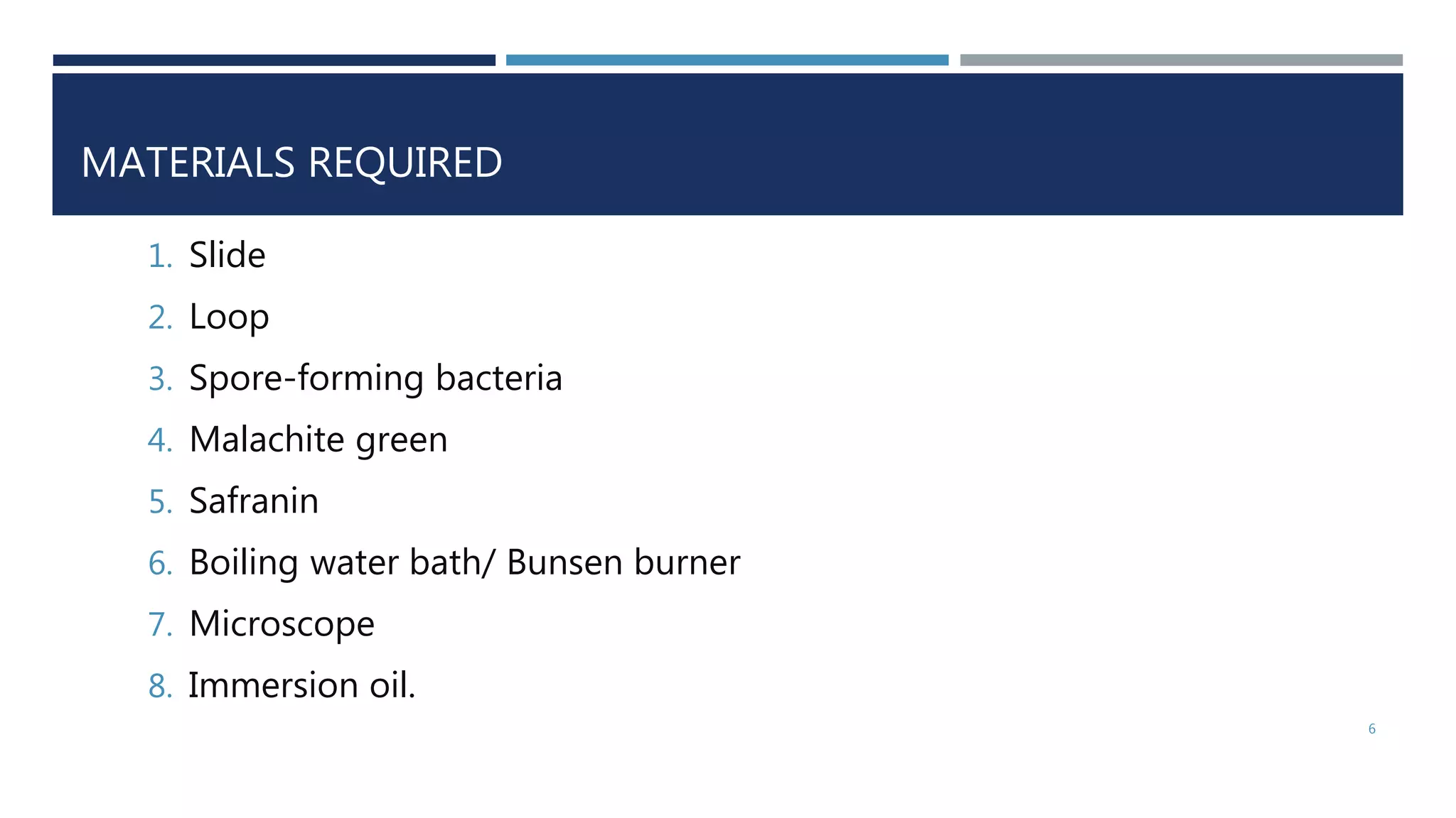 MATERIALS REQUIRED
1. Slide
2. Loop
3. Spore-forming bacteria
4. Malachite green
5. Safranin
6. Boiling water bath/ Bunsen burner
7. Microscope
8. Immersion oil.
6
 