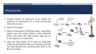 PROCEDURE
7
1. Prepare smears of organisms to be tested for
presence of endospores on a clean microscope
slide and air dry it.
2. Heat fix the smear.
3. Place a small piece of blotting paper (absorbent
paper) over the smear, flood it with malachite
green and place the slide (smear side up) on
a wire gauze on a ring stand.
4. Heat the slide gently till it starts to evaporate
(either by putting the slide on a staining rack that
has been placed over a boiling water bath or via
Bunsen burner).
 