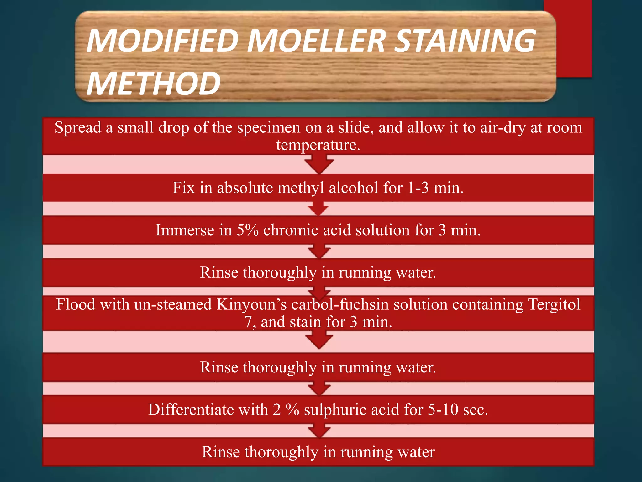 MODIFIED MOELLER STAINING
METHOD
Rinse thoroughly in running water
Differentiate with 2 % sulphuric acid for 5-10 sec.
Rinse thoroughly in running water.
Flood with un-steamed Kinyoun’s carbol-fuchsin solution containing Tergitol
7, and stain for 3 min.
Rinse thoroughly in running water.
Immerse in 5% chromic acid solution for 3 min.
Fix in absolute methyl alcohol for 1-3 min.
Spread a small drop of the specimen on a slide, and allow it to air-dry at room
temperature.
 