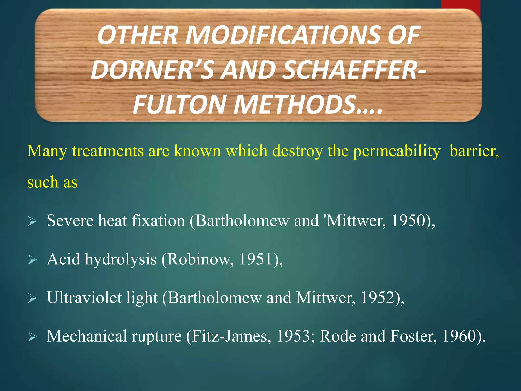 Many treatments are known which destroy the permeability barrier,
such as
 Severe heat fixation (Bartholomew and 'Mittwer, 1950),
 Acid hydrolysis (Robinow, 1951),
 Ultraviolet light (Bartholomew and Mittwer, 1952),
 Mechanical rupture (Fitz-James, 1953; Rode and Foster, 1960).
OTHER MODIFICATIONS OF
DORNER’S AND SCHAEFFER-
FULTON METHODS….
 