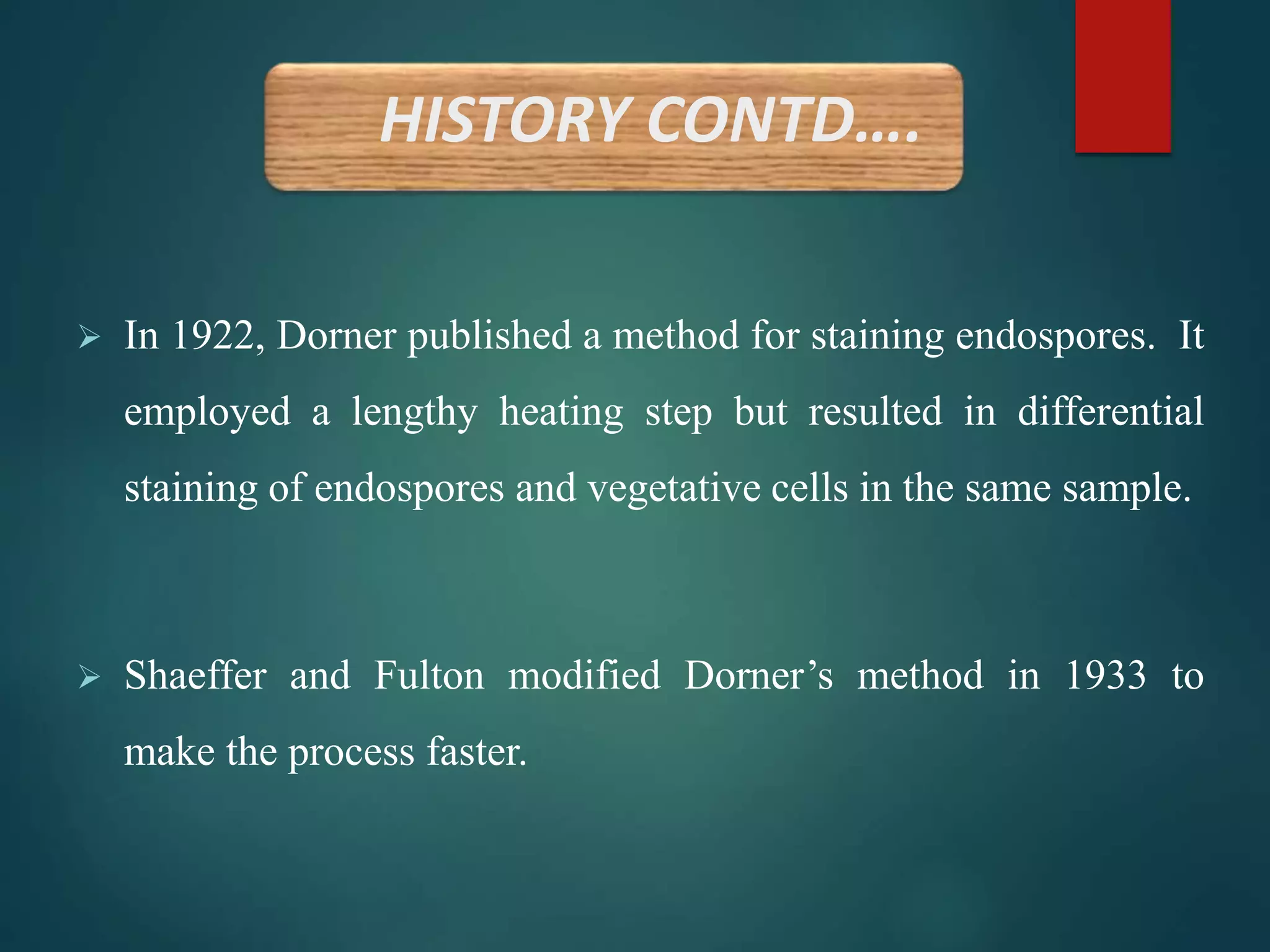 HISTORY CONTD….
 In 1922, Dorner published a method for staining endospores. It
employed a lengthy heating step but resulted in differential
staining of endospores and vegetative cells in the same sample.
 Shaeffer and Fulton modified Dorner’s method in 1933 to
make the process faster.
 