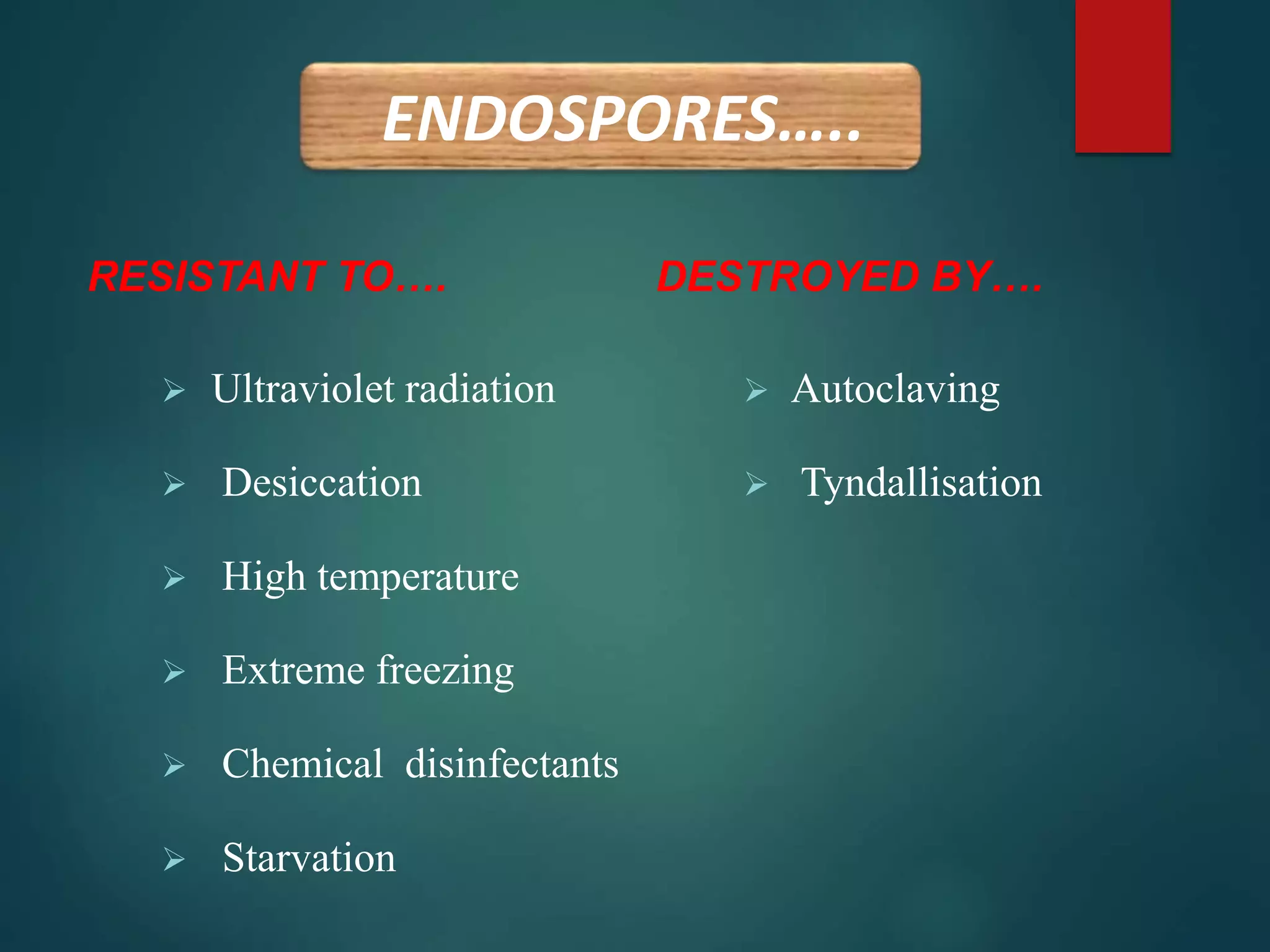 RESISTANT TO….
 Ultraviolet radiation
 Desiccation
 High temperature
 Extreme freezing
 Chemical disinfectants
 Starvation
DESTROYED BY….
 Autoclaving
 Tyndallisation
ENDOSPORES…..
 