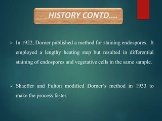 HISTORY CONTD….
 In 1922, Dorner published a method for staining endospores. It
employed a lengthy heating step but resulted in differential
staining of endospores and vegetative cells in the same sample.
 Shaeffer and Fulton modified Dorner’s method in 1933 to
make the process faster.
 