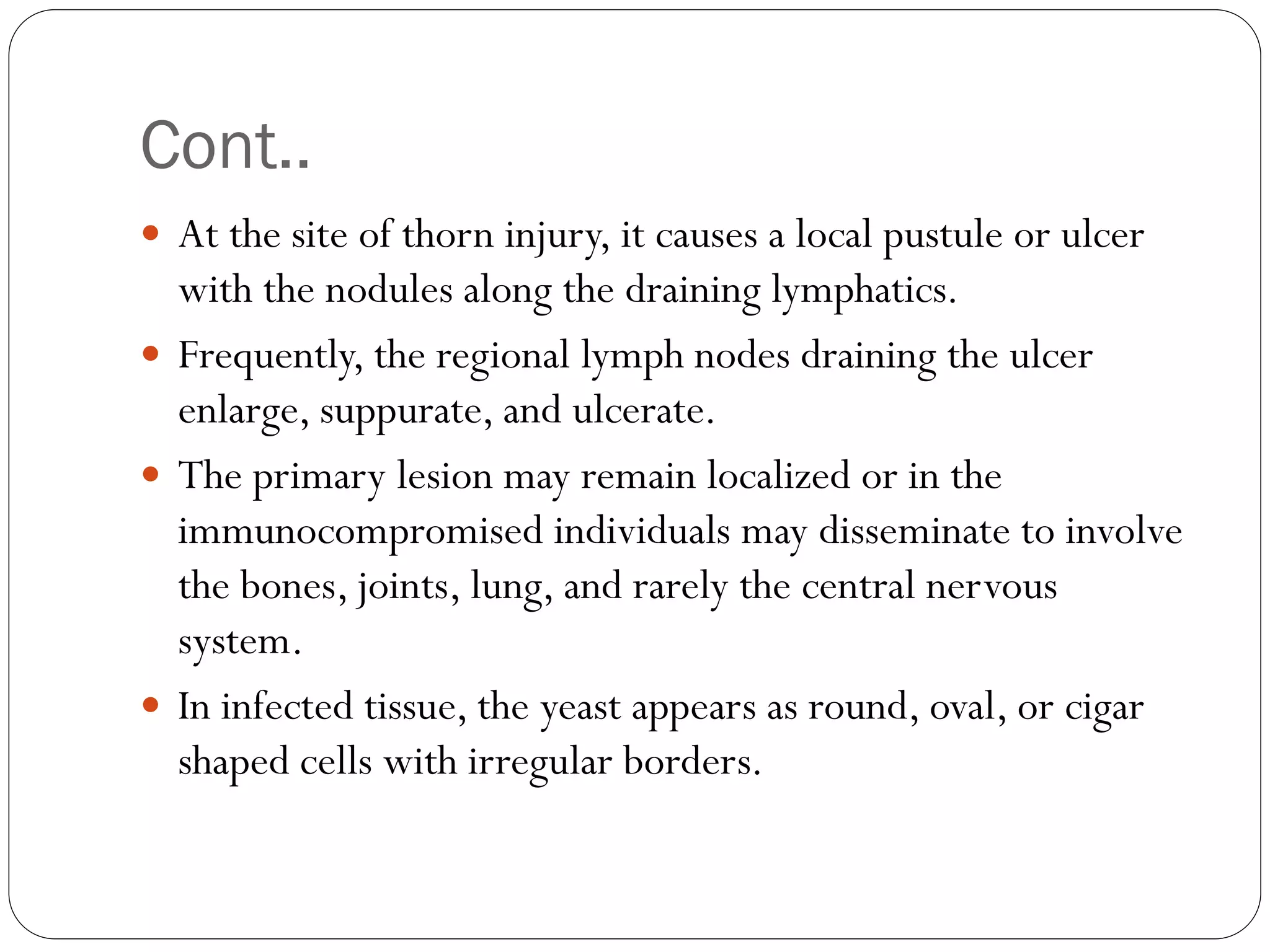Cont..
 At the site of thorn injury, it causes a local pustule or ulcer
with the nodules along the draining lymphatics.
 Frequently, the regional lymph nodes draining the ulcer
enlarge, suppurate, and ulcerate.
 The primary lesion may remain localized or in the
immunocompromised individuals may disseminate to involve
the bones, joints, lung, and rarely the central nervous
system.
 In infected tissue, the yeast appears as round, oval, or cigar
shaped cells with irregular borders.
 