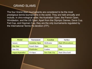 GRAND SLAMS
The four Grand Slam tournaments are considered to be the most
prestigious tennis tournaments in the world. They are held annually and
include, in chro-nological order, the Australian Open, the French Open,
Wimbledon, and the US Open. Apart from the Olympic Games, Davis Cup,
Fed Cup, and Hopman Cup, they are the only tournaments regulated by
the International Tennis Fe-deration (ITF).
 