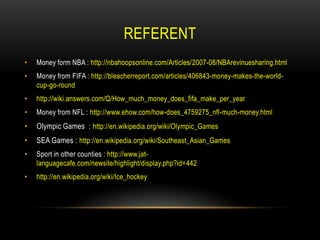 REFERENT
•   Money form NBA : http://nbahoopsonline.com/Articles/2007-08/NBArevinuesharing.html
•   Money from FIFA : http://bleacherreport.com/articles/406843-money-makes-the-world-
    cup-go-round
•   http://wiki.answers.com/Q/How_much_money_does_fifa_make_per_year
•   Money from NFL : http://www.ehow.com/how-does_4759275_nfl-much-money.html
•   Olympic Games : http://en.wikipedia.org/wiki/Olympic_Games
•   SEA Games : http://en.wikipedia.org/wiki/Southeast_Asian_Games
•   Sport in other counties : http://www.jat-
    languagecafe.com/newsite/highlight/display.php?id=442
•   http://en.wikipedia.org/wiki/Ice_hockey
 