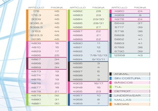 MEDIAS
TUL
UNDERWEAR
DETROIT
BÁSICOS
MALLAS
ANIMAL
SIN COSTURA
4960
4969
4976
5649
5717
5718
5828
5852
5853
6789
6790
12558
4882
4883
4884
4885
4886
4887
4888
4889
4890
4891
4892
4893
4894
4895
4896
4897
4898
4899
4903
4948
4955
4957
4958
4959
176
176,3
3009
3036,3
3069,3
3153
3223,3
3235
4809
4810
4829
4866
4867
4868
4869
4873
4874
4875
4876
4877
4878
4879
4880
4881
ARTICULO
45
45
45
45
45
44
45
45
16
15
17
25
34
35
34
19
18
19
20
18
21
32
31
30
PAGINA
28
29
29/30
28/31
27
22
21
22
11
12
13
7/8/12/13
9/10/11
3
4
5
4
3
16/17
15
23
10
8
7
24
9
24
37
39
38
40
41
41
38
39
43
ARTICULO ARTICULOPAGINA PAGINA
 