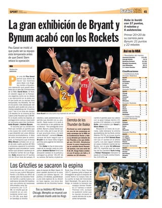 SPORT Jueves 2012
       5 Enero                                                                                                                                            Basket NBA                    45

                                                                                                                                                            Kobe lo bordó

La gran exhibición de Bryant y                                                                                                                              con 37 puntos,
                                                                                                                                                            8 rebotes y
                                                                                                                                                            6 asistencias


Bynum acabó con los Rockets                                                                                                                                 Primer 20+20 de
                                                                                                                                                            su carrera para
                                                                                                                                                            Bynum: 21 puntos
                                                                                                                                                            y 22 rebotes
Pau Gasol se midió al
que pudo ser su equipo                                                                                                                                      Así va la NBA
esta temporada antes                                                                                                                                         Resultados del martes
de que David Stern                                                                                                                                        Cleveland-Charlotte
                                                                                                                                                          Chicago-Atlanta
                                                                                                                                                                                     115-101
                                                                                                                                                                                       76-74
vetara la operación                                                                                                                                       Oklahoma-Portland           93-103
                                                                                                                                                          Memphis-Sacramento          113-96
                                                                                                                                                          Utah-Milwaukee               85-73
 NBA                                                                                                                                                      L.A. Lakers-Houston         108-99
 Redacción
 BARCELONA                                                                                                                                                Clasificaciones




P
                                                                                                                                                            Conferencia Este
            or una día Pau Gasol                                                                                                                          División Atlántico
                                                                                                                                                          EQUIPO                PG       PP
            pensó que debía de                                                                                                                            Boston                 3        3
            hacer las maletas                                                                                                                             Philadelphia           2        2
            para dejar Los Ange-                                                                                                                          N.Y. Knicks            2        3
            les rumbo a Houston,                                                                                                                          Toronto                2        3
una operación que quedó abor-                                                                                                                             New Jersey             1        5
tada por el veto del Comisionado                                                                                                                          División Central
de la NBA, David Stern. Al final,                                                                                                                         EQUIPO                PG       PP
el catalán sigue en la franqui-                                                                                                                           Chicago                5        1
                                                                                                                                                          Indiana                4        1
cia angelina como es su deseo                                                                                                                             Cleveland              3        2
y se reencontró en la pista con                                                                                                                           Detroit                2        3
el que pudo ser su equipo esta                                                                                                                            Milwaukee              2        3
temporada, los Rockets. No fue                                                                                                                            División Sureste
el encuentro más destacado del                                                                                                                            EQUIPO                PG       PP
ala-pívot, pero acabó con unas co-                                                                                                                        Miami                  5        1
rrectas estadísticas de 14 puntos                                                                                                                         Atlanta                4        2
                                                                                                                                                          Orlando                4        2
(con 7 de 11 en tiros de campo)
                                                                                                                                                REUTERS   Charlotte              1        4
y 8 rebotes en la victoria de los      Kobe Bryant tuvo una noche muy inspirada de cara al aro
                                                                                                                                                          Washington             0        5
Lakers ante Houston por 108-99.
                                                                                                                                                            Conferencia Oeste
En el duelo contra los tejanos, el     rebotes y seis asistencias en un                                             carriló el partido para los Lakers    División Noroeste
protagonismo estuvo reservado
en exclusiva para dos hombres:
                                       partido que decidió con su ano-
                                       tación. Nada nuevo ni lo será si
                                                                                 Derrota de los                     con su gran trabajo dentro (21
                                                                                                                    puntos y 22 rebotes) y lo remató
                                                                                                                                                          EQUIPO
                                                                                                                                                          Portland
                                                                                                                                                                                PG
                                                                                                                                                                                 4
                                                                                                                                                                                         PP
                                                                                                                                                                                          1
Kobe Bryant y Andrew Bynum.
    El escolta por su exhibición
                                       nos atenemos a las palabras de
                                       su técnico. “Ha conseguido cinco
                                                                                 Thunder de Ibaka                   Kobe, secundados por Gasol y
                                                                                                                    Steve Blake (11).
                                                                                                                                                          Oklahoma
                                                                                                                                                          Denver
                                                                                                                                                                                 5
                                                                                                                                                                                 4
                                                                                                                                                                                          2
                                                                                                                                                                                          2
                                                                                                                                                          Utah                   3        3
final que remató un partido que        anillos. Bynum y Gasol tienen qui-        Portland se está erigiendo            Respecto al resto de la jor-
                                                                                                                                                          Minnesota              2        3
a los suyos les costó controlar,       zás uno o dos, por lo que iré con         en una de las sorpresas en         nada, cabe destacar la victoria
y que dinamitó con unos últimos        el que acumula cinco y le daré                                               ajustadísima de los Bulls contra      División Pacífico
                                                                                 este arranque de la NBA en                                               EQUIPO                PG       PP
minutos enchufadísimo. A falta         cierta libertad”, comentó Brown,          la Conferencia Oeste y lide-       Atlanta (76-74), en la que mucho      L.A. Lakers            4        3
de ocho minutos para la conclu-        aunque de buen seguro que a               ra su división por delante de      tuvo que ver el MVP Derrick Rose      L.A. Clippers          2        2
sión, la franquicia que entrena        Bryant no le hace falta ningún            los Thunder, a los que doble-      con sus 17 puntos en el último        Golden State           2        3
Mike Brown contaba con un co-          permiso para jugarse los balones          gó por 93-103. Oklahoma            cuarto. Los Jazz siguen sólidos       Phoenix                2        3
jín de solo cuatro puntos (87-83)      ‘calientes’.                                                                 en casa y rindieron cuenta de los     Sacramento             2        4
                                                                                 acusó la poca inspiración
y entonces apareció la estrella           Pero Kobe no fue el único ento-        de su estrella Kevin Durant:       Bucks, con un gran Al Jefferson       División Soroeste
angelina para encadenar nueve          nado de su equipo, pues su com-                                              (85-73), mientras que los nova-       EQUIPO                PG       PP
                                                                                 16 puntos, con una serie de
                                                                                                                                                          San Antonio            3        2
tantos que dictaron sentencia en       pañero Andrew Bynum firmó una             8 de 26. Serge Ibaka colabo-       tos de los Cavaliers Kyrie Irving     Houston                2        3
el Staples Center de Los Ánge-         actuación estelar en la pintura y         ró con 8 tantos sin fallo y 3      y Tristan Thompson marcaron la        New Orleans            2        3
les. Kobe alcanzó los 37 puntos        consiguió su primer ‘20+20’ de            rebotes en 18 minutos.             pauta en el triunfo contra Charlo-    Memphis                2        3
(14 de 29 en tiros de campo), 8        su carrera. De hecho, el pívot en-                                           tte (115-101).                        Dallas                 2        4

                                                                                                                                                                                           EFE




  Los Grizzlies se sacaron la espina
  Una derrota por 40 puntos            para el equipo de Marc Gasol. El        Rudy Gay (23+8) y Sam Young
  como la que sufrió Memphis           pívot catalán dominó en la zona         (20+7), quienes junto a Gasol se
  frente a los Bulls es difícil de     y acabó con dobles figuras: 14          encargaron de que el conjunto de
  olvidar, pero los Grizzlies hicie-   puntos y 15 rebotes, quedándose         Lionel Hollis no notara más de
  ron borrón y cuenta nueva y se       a una sola captura de su récord         la cuenta la baja del lesionado
  redimieron de este KO histórico      en fase regular. Los otros dos          Zach Randolph. Por parte de los
  con una victoria sin excesivas       estiletes de los Grizzlies fueron       Kings, el mando lo tomaron los
  dificultades ante Sa-                                                                 novatos Jimmer Fredet-
  cramento por 113-                                                                     te (17 tantos) e Isaiah
  96. Un triunfo que se             Tras su histórico KO frente a                       Thomas (15), aunque
  cimentó en un con-                                                                    no pudieron evitar que
  tundente tercer cuar-
                                 Chicago, Memphis se resarció con                       su equipo encajara la
  to (35-18), que dejó           un cómodo triunfo ante los Kings                       cuarta derrota de la pre-
  en bandeja la victoria                                                                sente temporada.
 