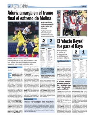 26     Liga BBVA                                                                                                                                                                               Lunes
                                                                                                                                                                                         9 Enero 2012     SPORT



Aduriz amarga en el tramo
final el estreno de Molina
                                                                                  Marco Ruben y
                                                                                  Gonzalo pusieron
                                                                                  un 2-0 a los 18
                                                                                  minutos
                                                                                  Feghouli acortó
                                                                                  distancias y el
                                                                                  Villarreal claudicó
                                                                                  ante el empuje che                                Los rayistas celebraron una victoria que les aleja del pozo
                                                                                                                                                                                                                         EFE




                                                                                       2
                                                                                    VILLARREAL         VALENCIA
                                                                                                                2                   El ‘efecto Reyes’
                                                                                  ESTADIO: EL MADRIGAL
                                                                                  ESPECTADORES: 18.000
                                                                                  JORNADA: 18ª DE LIGA
                                                                                 VILLARREAL                VALENCIA
                                                                                                                                    fue para el Rayo
                                                                                                                                                                                  2                       1
                                                                                                    PTS                       PTS
                                                                                 Diego López
                                                                                 Ángel
                                                                                                      6
                                                                                                      5
                                                                                                           Diego Alves
                                                                                                           Miguel
                                                                                                                               6
                                                                                                                               6
                                                                                                                                    Michu y Tamudo
                                                                                 Gonzalo (77’)        7    Rami                5    le robaron el
                                                                                 Zapata               4    Víctor Ruiz         6
                                                                                 Oriol                6    Jordi Alba          6    protagonismo al                           RAYO VALLECANO       SEVILLA
                                                                                 Bruno                6    Topal               6                                              ESTADIO: VALLECAS
                                                                                 Senna                5    Banega (72’)        6    ex del Atlético en                        ESPECTADORES: 10.146
Borja Valero y Topal intentan hacerse con el esférico
                                                                          EFE    Borja Valero
                                                                                 Cani (70’)
                                                                                                      7
                                                                                                      5
                                                                                                           Feghouli (76’)
                                                                                                           Jonas
                                                                                                                               6
                                                                                                                               6
                                                                                                                                    su retorno al Sevilla                     JORNADA: 18ª DE LIGA
                                                                                 Nilmar (86’)         6    Mathieu (66’)       5                                             RAYO VALLECANO          SEVILLA
Al Villarreal se le escapó la victoria a poco del                                Marco Ruben          7    Soldado             6
                                                                                                                                     Rayo Vallecano-Sevilla                                   PTS                       PTS
                                                                                                                                                                             Dani               6    Javi Varas          4
final debido al acierto del Valencia, que supo                                   SUSTITUCIONES
                                                                                 Castellani (70’)     5
                                                                                                           SUSTITUCIONES
                                                                                                           Pablo (66’)          6    EFE                                     Tito               7    Coke                5
                                                                                                                                                                             Arribas            6    Spahic              5
reaccionar tras encajar pronto dos goles                                         Lejeune (77’)
                                                                                 Camuñas (86’)
                                                                                                      5
                                                                                                    s.c.
                                                                                                           Tino Costa (72’)
                                                                                                           Aduriz (76’)
                                                                                                                                5
                                                                                                                                7
                                                                                                                                     MADRID
                                                                                                                                                                             Jordi              6    Escudé              6
                                                                                 TOTAL              5,8    TOTAL              5,9                                            Casado             6    Fernando Navarro    5
 Villarreal-Valencia                      el delantero argentino no desper-                                                         El Rayo Vallecano amargó la re-          Trashoras
                                                                                                                                                                             Movilla (57’)
                                                                                                                                                                                                6
                                                                                                                                                                                                7
                                                                                                                                                                                                     Perotti
                                                                                                                                                                                                     Fazio (53’)
                                                                                                                                                                                                                         6
                                                                                                                                                                                                                         4
                                          dició. La grada de El Madrigal          GOLES: 1-0 M. 14 Marco Ruben por                  aparición de José Antonio Re-
 Josep Bosch                                                                                                                                                                 Javi Fuego         7    Rakitic             5
                                          estalló de júbilo y, antes de que       bajo a pase de Nilmar. 2-0 M. 18 Gonzalo          yes con el Sevilla, ocho años            Piti (69’)         6    Luna (54’)          5
 BARCELONA
                                          el Valencia despertara, Gonzalo         cabecea una falta botada por Borja Valero.        después de su marcha del Sán-            Michu              6    Reyes (76’)         4
                                          puso el 2-0 al rematar totalmente       2-1 M. 42 Feghouli empalma un centro              chez Pizjuán. El utrerano salió          Tamudo (55’)       7    Negredo             6
                                                                                  de Miguel. 2-2 M. 86 Remate de Aduriz




E
            l olfato goleador de Ari-     libre de marcaje una falta botada       ajustado al poste.
                                                                                                                                    de titular por la baja de Jesús          SUSTITUCIONES           SUSTITUCIONES
            tz Aduriz impidió a José      por Borja Valero.                                                                         Navas y su papel fue decisi-             Lass (55’)          7   Medel (53’)          6
                                                                                  ÁRBITRO: Fernández Borbalán (andaluz).                                                     Diamanka (57’)      5   Kanouté (54’)        6
            Franciso Molina debu-             Era el minuto 18 y el derbi ad-                                                       va... en la victoria local. El ex
                                                                                  TA: Bruno, Cani, Zapata, Oriol, Marco Ruben                                                Rayco (69’)         5   Trochowsky (76’)     6
            tar con victoria en el        quiría un claro color amarillo. El                                                        del Atlético perdió un balón en          TOTAL             6,2   TOTAL              5,2
                                                                                  / Jonas, Banega, Miguel.
            banquillo del Villarreal.     Villarreal ofrecía unas prestacio-                                                        la medular a pies de Piti, que
El conjunto amarillo, que se ade-         nes diametralmente opuestas a                                                             sirvió en profundidad el balón            GOLES: 1-0 M. 45 Michu aprovecha un
                                                                                                                                                                              rechace tras una mala salida de Javi Varas.
lantó pronto en el marcador con           la de anteriores jornadas y todo      pera de lanzar peligrosos contra-                                                             2-0 M. 50 Tamudo controla con el pecho
dos goles, vio cómo el Valencia le        apuntaba a que se cumpliría el        golpes. El dominio che no impidió                   El utrerano perdió el                     un pase en profundidadde Tito y fusila. 2-
iba ganando terreno hasta arran-          dicho de ‘a entrenador nuevo,         que el cuadro amarillo dispusiera                                                             1 M. 61 Escudé remacha un rechace de
car un empate final que dejó un           victoria segura’. Pero el Valencia    de las mejores ocasiones para
                                                                                                                                    balón que supuso el                       Dani tras un disparo de Rakitic.
regusto amargo a la afición de            es un rival muy peligroso y nece-     sentenciar, pero el meta Diego                      2-0 y la victoria, tras                   ÁRBITRO: González González (castellano
El Madrigal. Por un lado, los se-         sitó muy poco para meterse en el      Alves estuvo acertado a la hora                                                               leonés). TA: Casado (50’), Piti (69’), Arribas
guidores pudieron constatar una           partido. Poco antes del descan-       de atajar remates de Borja Valero
                                                                                                                                    cuatro derrotas, del                      (81’), Dimanka (89’)/Fazio (42’), Escudé
                                                                                                                                                                              (70’), Fernando Navarro (80’), Medel (89’).
clara mejoría en el juego de su           so, Feghouli voleó un centro de       y Nilmar. La entrada al terreno de                  equipo madrileño
equipo, pero ello no impidió que          Miguel y puso un 2-1 que hacía        juego de Aduriz resultó providen-
el ‘submarino amarillo’ cayera a          prever un segundo tiempo apa-         cial, pues el guipuzcoano cazó un                   a Tamudo para que el de Santa           Marcelino García Toral, rectificó
posiciones de descenso.                   sionante.                             balón que supuso el empate a                        Coloma situara en el marca-             el sorprendente planteamiento
    El Villarreal salió mucho más             Como era de esperar, el Va-       dos a tan solo cuatro minutos del                   dor el 2-0 nada más empezar             inicial. El asturiano alineó a Fazio
enchufado al partido que su ri-           lencia tomó la iniciativa ante un     final, un tanto del que el Villareal                la segunda parte. 25 minutos            en el centro del campo y al late-
val y desde el pitido inicial dejó        Villarreal ordenado atrás, a la es-   ya no se repuso.                                    después se retiró renqueante,           ral Luna como interior izquierdo.
claras las intenciones de ir des-                                                                                                   dejando como única aportación           Desecho el entuerto, ya con Me-
caradamente a por el partido. Ni           Elogió la actitud                                                                        una cabalgada, mediado el pri-          del y Kanouté sobre el terreno
un minuto tardó Marco Ruben en                                                                                                      mer tiempo, que acabó con un            de juego, el conjunto hispalense
poner a prueba a Diego Alves al
cabecer un centro de Borja Vale-
                                            Molina: “Hay clase para estar más arriba”                                               disparo alto.
                                                                                                                                        Los franjirrojos ya habían
                                                                                                                                                                            puso cerco sobre la portería de
                                                                                                                                                                            Dani Giménez.
ro. Ejerciendo una fuerte presión           A pesar de que se escapó la victoria a poco del final, José Francisco                   asestado un golpe moral al Se-              Escudé acortó distancias, tras
en el centro del campo, el equipo           Molina se mostró satisfecho con el juego de su equipo: “Estoy con-                      villa justo antes del descanso,         un rechace del meta franjirrojo
de Molina barrió al Valencia, que           tento porque he visto al equipo trabajar con intensidad y practican-                    cuando Michu enganchó un                que, poco después, se lució a re-
además estuvo especialmente                 do en varias fases un buen fútbol”. El nuevo técnico del Villarreal                     mal rechace tras una salida en          mate de Negredo. El propio Ne-
fallón en defensa. Una de las in-           cree que “los jugadores han demostrado que tienen categoría para                        falso de Javi Varas. El error de        gredo volvió a tener el empate en
decisiones del equipo de Unai               estar más adelante, hay que estar tranquilos y seguir en esta línea                     Reyes dejó muy cuesta arriba la         sus botas, pero su remate, a cua-
Emery permitió a Nilmar servir un           para que todo salga bien”.                                                              remontada para un Sevilla que           tro minutos para la conclusión, se
balón de oro a Marco Ruben, que                                                                                                     lo intentó cuando su técnico,           estrelló en el travesaño.
 