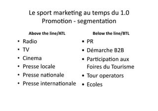 Le	
  sport	
  marke?ng	
  au	
  temps	
  du	
  1.0	
  	
  
              Promo?on	
  -­‐	
  segmenta?on	
  
      Above	
  the	
  line/ATL	
           Below	
  the	
  line/BTL	
  	
  
•  Radio	
                           • PR	
  
•  TV	
                              • Démarche	
  B2B	
  
•  Cinema	
                          • Par?cipa?on	
  aux	
  
•  Presse	
  locale	
                  Foires	
  du	
  Tourisme	
  
•  Presse	
  na?onale	
              • Tour	
  operators	
  
•  Presse	
  interna?onale	
  	
     • Ecoles	
  
 