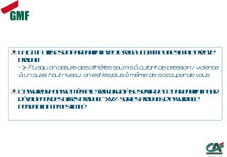 GMF La GMF utilise son partenariat avec le rugby comme une simple preuve produit =>  Puisqu’on assure des athlètes soumis à autant de pression / violence à un aussi haut niveau, on est les plus à même de s’occuper de vous L’assureur pousse même le trait jusqu’à se servir de ce partenariat pour développer des offres produit: -XV% sur les produits d’assurance pendant un temps limité 