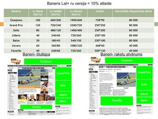 Baneri- titullapa Baneri- rakstu atvērums Baneris Lat+ ru versija = 10% atlaide Baneris Ls dienā (lat/ru) Ls nedēļā (lat/ru) Ls mēnesī (lat/ru) Izmērs Garantētās ekspozīcijas dienā Čempions 100 600/200 1900/600 728*90 80 000 Grand Prix 120 720/240 2200/720 250*250 80 000 Zelts 80 480/120 1400/400 250*200 80 000 Līderis 40 240/60 720/260 250*100 80 000 Balva 30 180/45 540/150 250*100 80 000 Uzvara 60 360/80 1080/320 468*60 40 000 Favorīts 40 240/60 720/260 500*130 40 000 
