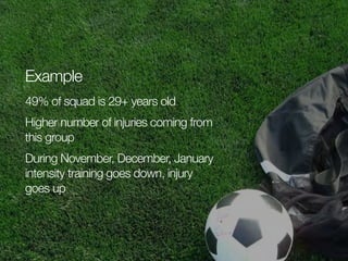 Example
49% of squad is 29+ years old
Higher number of injuries coming from
this group
During November, December, January
intensity training goes down, injury
goes up

 