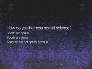 How do you harness spatial science?
Sports are spatial
Sports are visual
Analytics are not spatial or visual

 
