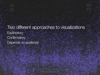 Two different approaches to visualizations
Exploratory
Confirmatory
Depends on audience

 