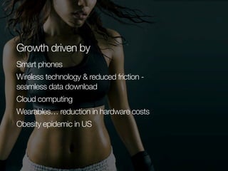 Growth driven by
Smart phones
Wireless technology & reduced friction seamless data download
Cloud computing
Wearables… reduction in hardware costs
Obesity epidemic in US

 