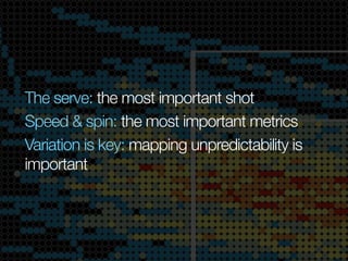 The serve: the most important shot
Speed & spin: the most important metrics
Variation is key: mapping unpredictability is
important

 