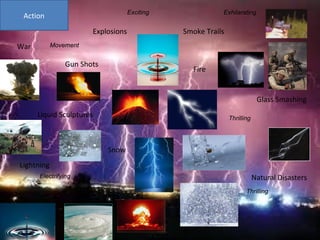 Action Gun Shots Liquid Sculptures Explosions Smoke Trails Fire Glass Smashing Natural Disasters Lightning Snow War Exciting  Thrilling Electrifying Movement Thrilling Exhilarating 