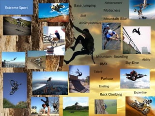 Extreme Sport Parkour Base Jumping Rock Climbing Sky-Dive Motocross Mountain -Boarding BMX Mountain-Bike Skill Achievement Accomplishment Thrilling Ability Talent Expertise 