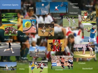 Common Sports Basketball Netball Running Golf Tennis Rugby Cricket Football Exciting  Exercise Hobby Accessible Fun with friends Common Televised 