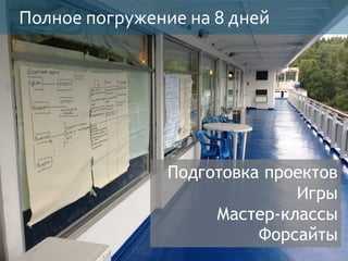 Полное погружение на 8 дней
Подготовка проектов
Игры
Мастер-классы
Форсайты
 