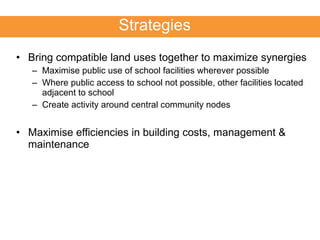 Bring compatible land uses together to maximize synergies Maximise public use of school facilities wherever possible Where public access to school not possible, other facilities located adjacent to school Create activity around central community nodes Maximise efficiencies in building costs, management & maintenance   Strategies 