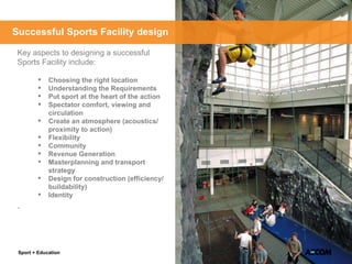 Key aspects to designing a successful Sports Facility include: Choosing the right location Understanding the Requirements Put sport at the heart of the action Spectator comfort, viewing and circulation Create an atmosphere (acoustics/ proximity to action) Flexibility Community  Revenue Generation Masterplanning and transport strategy Design for construction (efficiency/ buildability) Identity . Sport + Education Successful Sports Facility design 