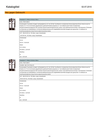 Katalogtitel                                                                                                                                          02.07.2010

Neu gegen Gebraucht


               Doppelpack 7L 300bar mit Brücke 186mm

               Art.Nr.: PB-07-300/12

               Sonderangebot Tauschaktion alt gegen neuDoppelgerät aus 2x7 Liter 300 Bar Tauchflaschen mit absperrbarer Brücke.absperrbare Brücke, Brücke ist auch für
               Flaschen mit 171mm Durchmesser geignetFlaschen gestempelt Breathing Apparatus 2x 7 Liter 300barDruckluft Ventile mit absperrbarer
               BrückeDruckluftanschlussgewinde G5/8" 300 BarEU Bauartmusterprüfungspritzverzinkt, lackiert, Farbe WeißFlaschendurchmesser 140mmdeutscher TÜVSchellen-
               und Bolzensatz aus EdelstahlBolzen in M10Konformitätsbescheinigung wird mitgeliefertBild ähnlich!Bei Rückgabe einer gebrauchten 12 Literflasche mit
               VentilFlaschendaten(hier klicken)Technik details Brücken(hier klicken)

               UVP: 359,00 EUR inkl. 19% Mwst. zuzügl. Versandkosten

               0,00 EUR inkl. 19% Mwst. zuzügl. Versandkosten

               Schellenbreite:

               40 mm

               60 mm + 10,00 EUR

               Bolzen:

               M 10 (10mm)

               M 8 (8mm) - 2,40 EUR

               Standfuss:

               ja

               nein - 6,00 EUR


               Doppelpack 7L 300bar mit Brücke 186mm

               Art.Nr.: PB-07-300/10

               Hersteller: High Tech Diving Ltd.

               Sonderangebot Tauschaktion alt gegen neuDoppelgerät aus 2x7 Liter 300 Bar Tauchflaschen mit absperrbarer Brücke.absperrbare Brücke, Brücke ist auch für
               Flaschen mit 171mm Durchmesser geignetFlaschen gestempelt Breathing Apparatus 2x 7 Liter 300barDruckluft Ventile mit absperrbarer
               BrückeDruckluftanschlussgewinde G5/8" 300 BarEU Bauartmusterprüfungspritzverzinkt, lackiert, Farbe WeißFlaschendurchmesser 140mmdeutscher TÜVSchellen-
               und Bolzensatz aus EdelstahlBolzen in M10Konformitätsbescheinigung wird mitgeliefertBild ähnlich!Bei Rückgabe einer gebrauchten 10 Literflasche mit
               VentilFlaschendaten(hier klicken)Technik details Brücken(hier klicken)

               UVP: 364,00 EUR inkl. 19% Mwst. zuzügl. Versandkosten

               364,00 EUR inkl. 19% Mwst. zuzügl. Versandkosten

               Schellenbreite:

               40 mm

               60 mm + 10,00 EUR

               Bolzen:

               M 10 (10mm)

               M 8 (8mm) - 2,40 EUR

               Standfuss:

               ja

               nein - 6,00 EUR




                                                                                273
 