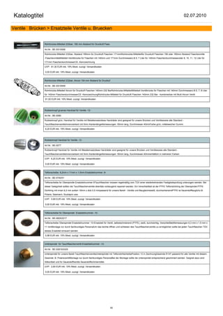 Katalogtitel                                                                                                                                              02.07.2010

Ventile Brücken > Ersatzteile Ventile u. Bruecken


                Rohrbrücke-Mittelteil 232bar, 185 mm Abstand für Druckluft Flasc

                Art.Nr.: BE-SS10006

                Rohrbrücke-Mittelteil 232bar, Abstand 185mm für Druckluft Flaschen 171mmRohrbrücke-Mittelteilfür Druckluft Flaschen 156 oder 185mm Abstand Flaschenmitte
                -FlaschenmitteMittelteil-Ventilbrücke für Flaschen mit 140mm und 171mm Durchmesserz.B.5, 7 Liter für 140mm Flaschendurchmesseroder 8, 10, 11, 12 Liter für
                171mm FlaschendurchmesserCE- Kennzeichnung

                UVP: 91,30 EUR inkl. 19% Mwst. zuzügl. Versandkosten

                0,00 EUR inkl. 19% Mwst. zuzügl. Versandkosten


                Rohrbrücke-Mittelteil 232bar, Aircon 154 mm Abstand für Druckluf

                Art.Nr.: BE-SS10009

                Rohrbrücke-Mittelteil Aircon für Druckluft Flaschen 140mm 232 BarRohrbrücke-MittelteilMittelteil-Ventilbrücke für Flaschen mit 140mm Durchmesserz.B.5, 7, 8 Liter
                für 140mm FlaschendurchmesserCE- KennzeichnungRohrbrücke-Mittelteil für Druckluft Flaschen 140mm 232 Bar - kombinierbar mit Multi Aircon Ventil

                61,00 EUR inkl. 19% Mwst. zuzügl. Versandkosten



                Rubberknopf gruenes Handrad für Ventile -12-

                Art.Nr.: BE-0080

                Rubberknopf grün, Handrad für Ventile mit Metalleinsatzdiese Handräder sind geeignet für unsere Brücken und Ventilesowie alle Standard -
                TauchflaschenventileInnenvierkant mit 5mm KantenlängeAbmessungen: 50mm lang, Durchmesser 40mmFarbe grün, mittelweicher Gummi

                6,20 EUR inkl. 19% Mwst. zuzügl. Versandkosten



                Rubberknopf Handrad für Ventile -12-

                Art.Nr.: BE-0077

                Rubberknopf Handrad für Ventile mit Metalleinsatzdiese Handräder sind geeignet für unsere Brücken und Ventilesowie alle Standard -
                TauchflaschenventileInnenvierkant mit 5mm KantenlängeAbmessungen: 50mm lang, Durchmesser 40mmerhältlich in mehreren Farben

                UVP: 6,20 EUR inkl. 19% Mwst. zuzügl. Versandkosten

                0,00 EUR inkl. 19% Mwst. zuzügl. Versandkosten


                Teflonscheibe 6,2mm x 11mm x 1,5mm Ersatzteilnummer -9-

                Art.Nr.: BE-0740/51

                Teflonscheibe für Oberspindle Ersatzteilnummer 9Tauchflaschen müssen regelmäßig vom TÜV einer wiederkehrenden Festigkeitsprüfung unterzogen werden. Bei
                dieser Gelegnheit sollten die Tauchflaschenventile ebenfals vorbeugend repariert werden. Ein Verschleißteil ist der PTFE Teflondichtring der Oberspindel.PTFE
                Dichtring mit innen 6,2 mm außen 19mm x dick 0,5 mmpassend für unsere Barell - Ventile und Baugleicheweiß, durchscheinendPTFE ist Sauerstofftauglichz.B:
                Polaris, Seemann, Scubapro usw.

                UVP: 0,69 EUR inkl. 19% Mwst. zuzügl. Versandkosten

                0,00 EUR inkl. 19% Mwst. zuzügl. Versandkosten


                Teflonscheibe für Oberspindel Ersatzteilnummer -10-

                Art.Nr.: BE-0825/2217

                Teflonscheibe Oberspindel Ersatzteilnummer -10-Ersatzteil für Ventil, selbstschmierend (PTFE), weiß, durchsichtig, VerschleißteilAbmessungen 6,3 mm x 1,5 mm x
                11 mmMontage nur durch fachkundiges PersonalUm das leichte öffnen und schliesen des Tauchflaschenventils zu ermöglichen sollte bei jeden Tauchflaschen TÜV
                dieses Ersatzteil erneuert werden

                0,98 EUR inkl. 19% Mwst. zuzügl. Versandkosten


                Unterspindel für Tauchflaschenventil Ersatzteilnummer -13-

                Art.Nr.: BE-02819/2425

                Unterspindel für unsere Barell TauchflaschenventileUnterspindel mit TeflondichtscheibePosition 13 in ZeichnungGewinde R1/4" passend für alle Ventile mit diesem
                Gewinde .B. PolarisventilMontage nur durch fachkundiges PersonalBei der Montage sollte die Unterspindel entsprechend geschmiert werden. Geignet dazu sind
                Silikonfeet und für Sauerstoffventile Sauerstoffschmiermittel.

                UVP: 2,60 EUR inkl. 19% Mwst. zuzügl. Versandkosten

                0,00 EUR inkl. 19% Mwst. zuzügl. Versandkosten




                                                                                   92
 