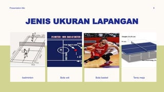 JENIS UKURAN LAPANGAN
Presentation title 8
badminton Bola voli Bola basket Tenis meja
 
