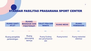 STANDAR FASILITAS PRASARANA SPORT CENTER
9
RUANG GANTI
ATLET
RUANG
MASSAGE DAN
FISIOTERAPI
TOILET PRIA DAN
WANITA
RUANG MEDIS
RUANG
PEMANASAN
Ruang pengelola
pertandingan
Ruang
penunjang
lainnya
Ruang Gudang
dan penyimpanan
alat
Ruang kontrol Ruang mekanikal
elektrikal
 