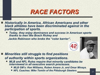 17
RACE FACTORSRACE FACTORS
Historically in America, African Americans and other
black athletes have been discriminated against in the
participation of sports.
 Today, they enjoy dominance and success in American sports
thanks to men like Brach Rickey and
Jackie Robinson who broke the “color barrier”.
Minorities still struggle to find positions
of authority within sports organizations.
 MLB and NFL Rules require that minority candidates be
interviewed in all executive search processes.
 MLB GM’s: Ken Williams, Ruben Amaro Jr, and Omar Minaya.
 NFL Coaches: Mike Tomlin of the Pittsburgh Steelers
 