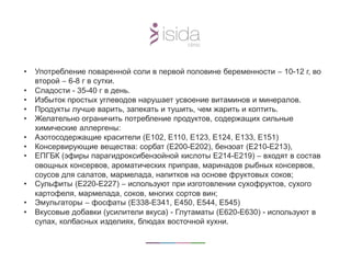 • Употребление поваренной соли в первой половине беременности ̶ 10-12 г, во
второй ̶ 6-8 г в сутки.
• Сладости - 35-40 г в день.
• Избыток простых углеводов нарушает усвоение витаминов и минералов.
• Продукты лучше варить, запекать и тушить, чем жарить и коптить.
• Желательно ограничить потребление продуктов, содержащих сильные
химические аллергены:
• Азотосодержащие красители (Е102, Е110, Е123, Е124, Е133, Е151)
• Консервирующие вещества: сорбат (Е200-Е202), бензоат (Е210-Е213),
• ЕПГБК (эфиры парагидроксибензойной кислоты Е214-Е219) ̶ входят в состав
овощных консервов, ароматических приправ, маринадов рыбных консервов,
соусов для салатов, мармелада, напитков на основе фруктовых соков;
• Сульфиты (Е220-Е227) ̶ используют при изготовлении сухофруктов, сухого
картофеля, мармелада, соков, многих сортов вин;
• Эмульгаторы ̶ фосфаты (Е338-Е341, Е450, Е544, Е545)
• Вкусовые добавки (усилители вкуса) - Глутаматы (Е620-Е630) - используют в
супах, колбасных изделиях, блюдах восточной кухни.
 