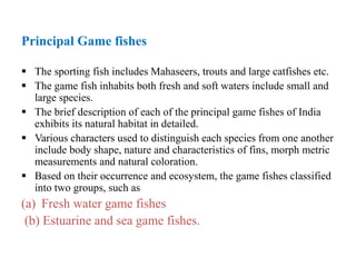 Principal Game fishes
 The sporting fish includes Mahaseers, trouts and large catfishes etc.
 The game fish inhabits both fresh and soft waters include small and
large species.
 The brief description of each of the principal game fishes of India
exhibits its natural habitat in detailed.
 Various characters used to distinguish each species from one another
include body shape, nature and characteristics of fins, morph metric
measurements and natural coloration.
 Based on their occurrence and ecosystem, the game fishes classified
into two groups, such as
(a) Fresh water game fishes
(b) Estuarine and sea game fishes.
 