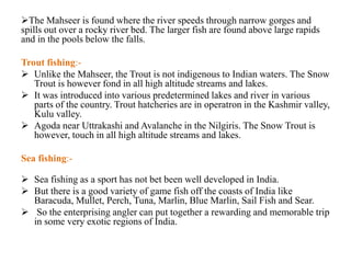 The Mahseer is found where the river speeds through narrow gorges and
spills out over a rocky river bed. The larger fish are found above large rapids
and in the pools below the falls.
Trout fishing:-
 Unlike the Mahseer, the Trout is not indigenous to Indian waters. The Snow
Trout is however fond in all high altitude streams and lakes.
 It was introduced into various predetermined lakes and river in various
parts of the country. Trout hatcheries are in operatron in the Kashmir valley,
Kulu valley.
 Agoda near Uttrakashi and Avalanche in the Nilgiris. The Snow Trout is
however, touch in all high altitude streams and lakes.
Sea fishing:-
 Sea fishing as a sport has not bet been well developed in India.
 But there is a good variety of game fish off the coasts of India like
Baracuda, Mullet, Perch, Tuna, Marlin, Blue Marlin, Sail Fish and Sear.
 So the enterprising angler can put together a rewarding and memorable trip
in some very exotic regions of India.
 