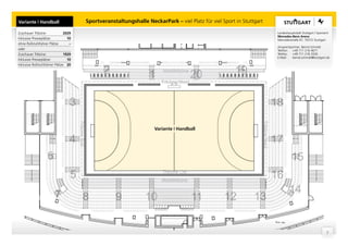 Variante | Handball                                  Sportveranstaltungshalle NeckarPark – viel Platz für viel Sport in Stuttgart

Zuschauer Tribüne:            2029                                                                                                              Landeshauptstadt Stuttgart | Sportamt
                                                                                                                                                Mercedes-Benz Arena
Inklusive Presseplätze:         10                                                                                                              Mercedesstraße 87, 70372 Stuttgart
ohne Rollstuhlfahrer Plätze       –
                                                                                                                                                Ansprechpartner: Bernd Schmidt
oder                                                                                                                                            Telefon: +49 711 216 4671
Zuschauer Tribüne:            1929                                                                                                              Telefax:  +49 711 216 3326
                                                                                                                                                E-Mail:   bernd.schmidt@stuttgart.de
Inklusive Presseplätze:         10


                                                            2                                                        19
Inklusive Rollstuhlfahrer Plätze: 20


                                                                                1     Mobiltribüne
                                                                                                  20
                                                                                     Tribüne West



                                   3                                                                                                           18
                                       Tribüne Süd




                                                                                                                                Tribüne Nord
                                                                                  Variante | Handball

                                   4                                                                                                           17
                    6                                                                                                                                      15
                                   5                                                 Tribüne Ost
                                                                                     Mobiltribüne
                                                                                                                                               16
                          7                                                                                                                                14
                                             8                   9            10                     11         12           13

                                                                                                                                               Plan: asp



                                                                                                                                                                                   7
 