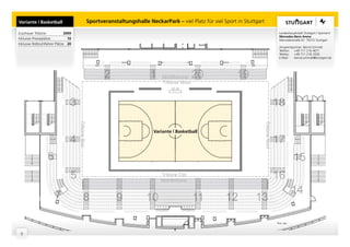 Variante | Basketball                                Sportveranstaltungshalle NeckarPark – viel Platz für viel Sport in Stuttgart

Zuschauer Tribüne:            2049                                                                                                                  Landeshauptstadt Stuttgart | Sportamt
                                                                                                                                                    Mercedes-Benz Arena
Inklusive Presseplätze:          10                                                                                                                 Mercedesstraße 87, 70372 Stuttgart
Inklusive Rollstuhlfahrer Plätze: 20
                                                                                                                                                    Ansprechpartner: Bernd Schmidt
                                                                                                                                                    Telefon: +49 711 216 4671
                                                                                                                                                    Telefax:  +49 711 216 3326
                                                                                                                                                    E-Mail:   bernd.schmidt@stuttgart.de




                                                            2                   1    Mobiltribüne   20               19
                                                                                     Tribüne West



                                   3                                                                                                               18
                                       Tribüne Süd




                                                                                                                                    Tribüne Nord
                                                                                 Variante | Basketball

                                   4                                                                                                               17
                     6                                                                                                                                         15
                                   5                                                Tribüne Ost
                                                                                    Mobiltribüne
                                                                                                                                                   16
                          7                                                                                                                                    14
                                             8                   9            10                    11          12           13

                                                                                                                                                   Plan: asp



 8
 
